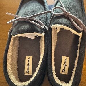 Dearfoams Men's Moccasin Slippers - Dark Gray and Cream